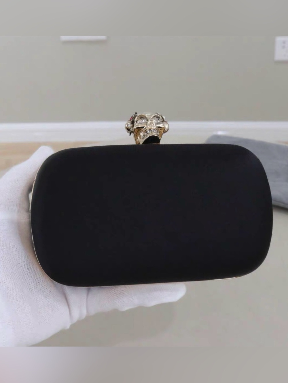 Alexander McQueen Black Satin Clutch with Gold Skull Clasp